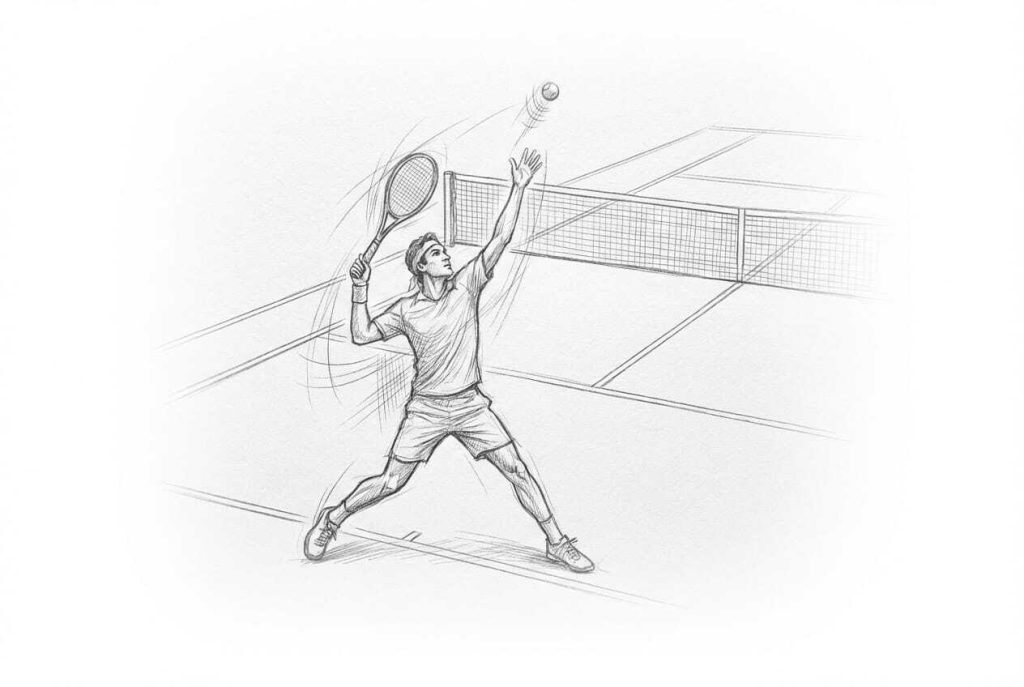 Tennisspieler beim Aufschlag auf dem Tennisplatz