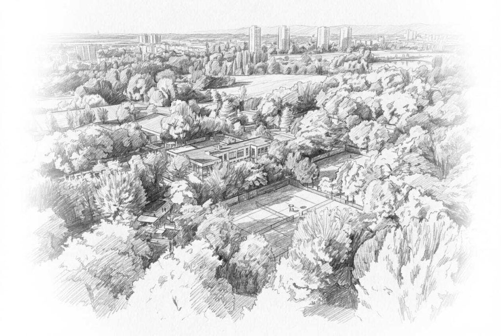 Bleistiftskizze eines Wohngebiets mit Tennisplatz