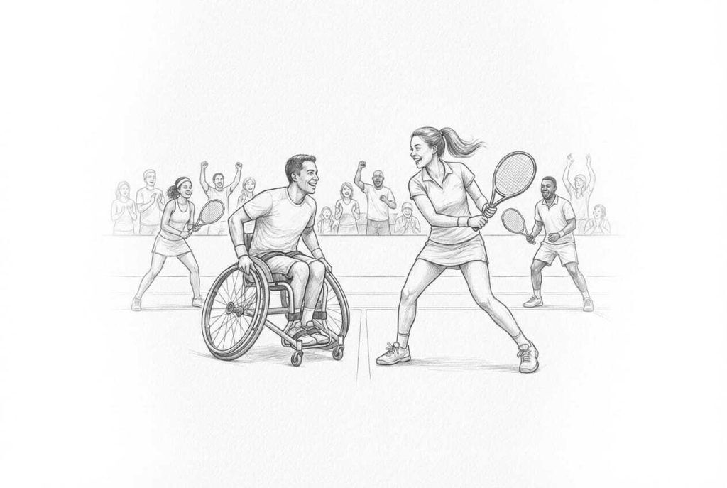 Inklusives Tennismatch mit Rollstuhlspieler und Partnerin
