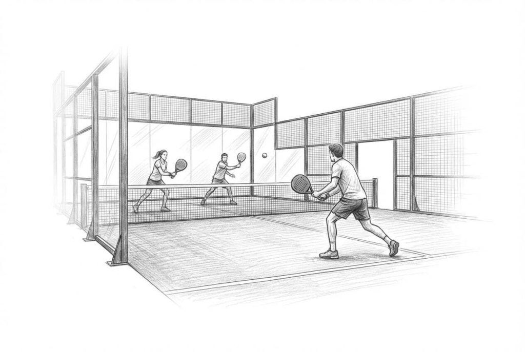 Drei Personen spielen Padel auf Hallenplatz