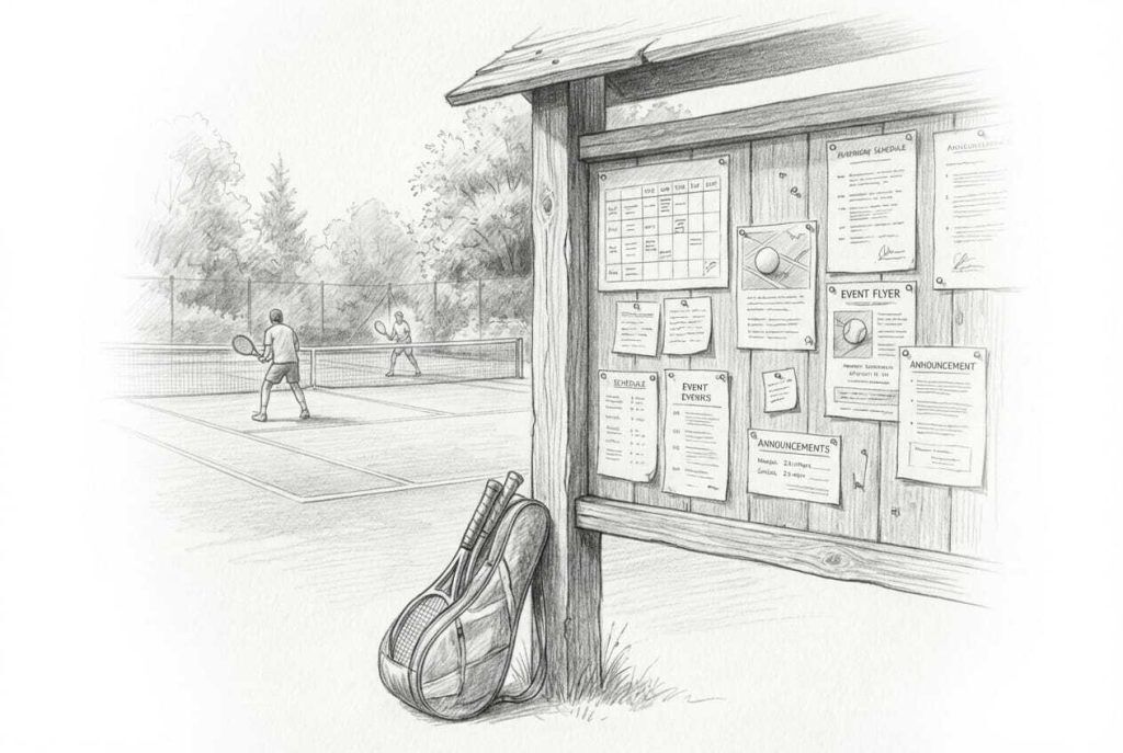 Tennisplatz mit Spielern und Anschlagbrett