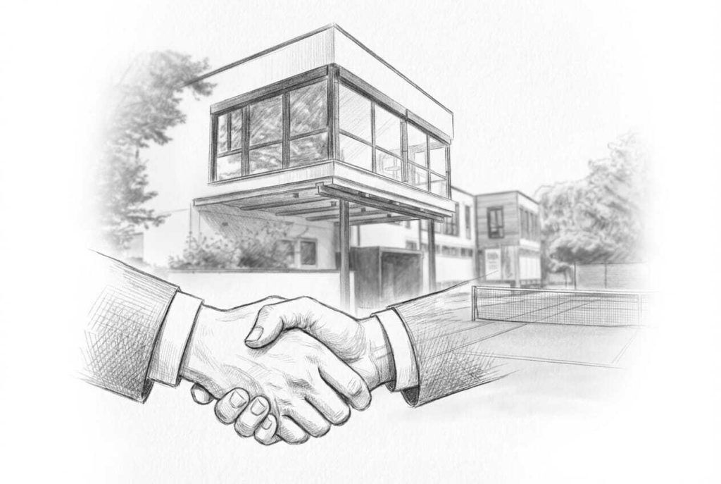 Handschlag vor modernem Einfamilienhaus