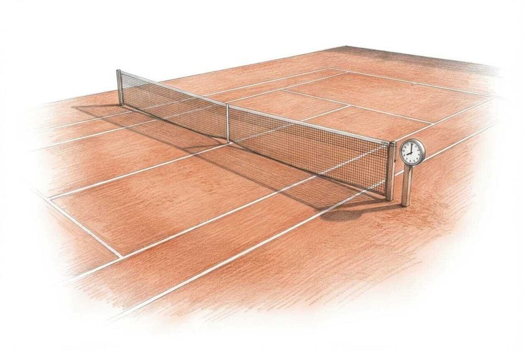 Tennisplatz mit Netz und Uhr am Netzpfosten