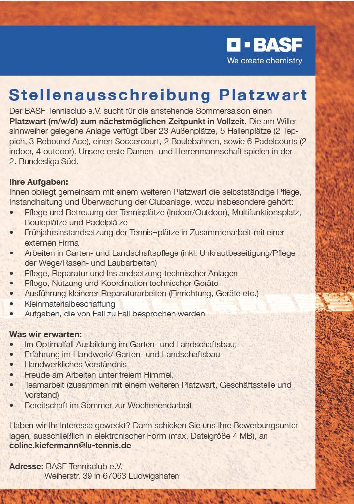 Stellenausschreibung Platzwart beim BASF Tennisclub e.V.