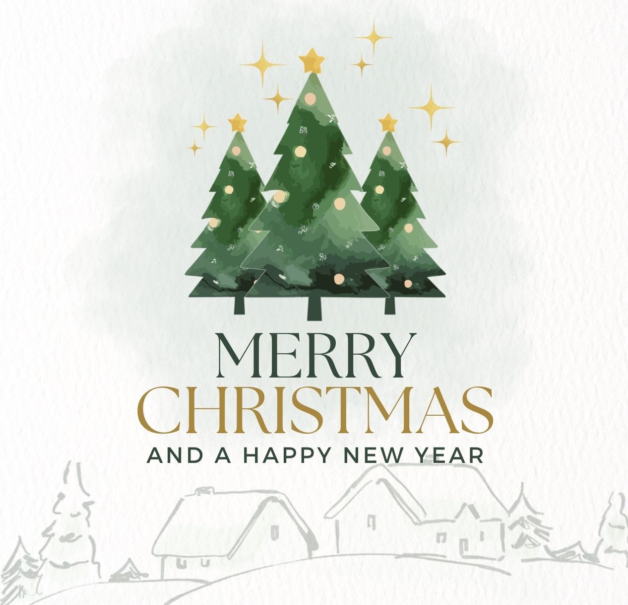 Illustrierte Weihnachtsbäume mit Grußbotschaft und Sternen