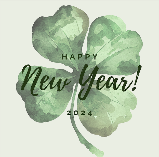 Aquarell-Kleeblatt mit Schriftzug Happy New Year 2024