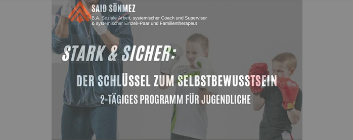 Trainer mit zwei Jungen beim Boxtraining, Werbebanner