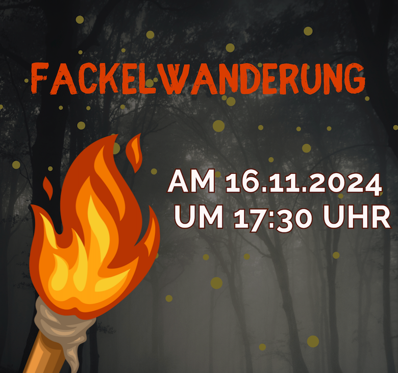 Plakat Fackelwanderung im dunklen Wald mit Fackel
