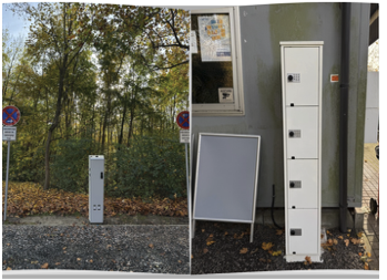 Weiße Schließfächer im Freien neben Gebäude