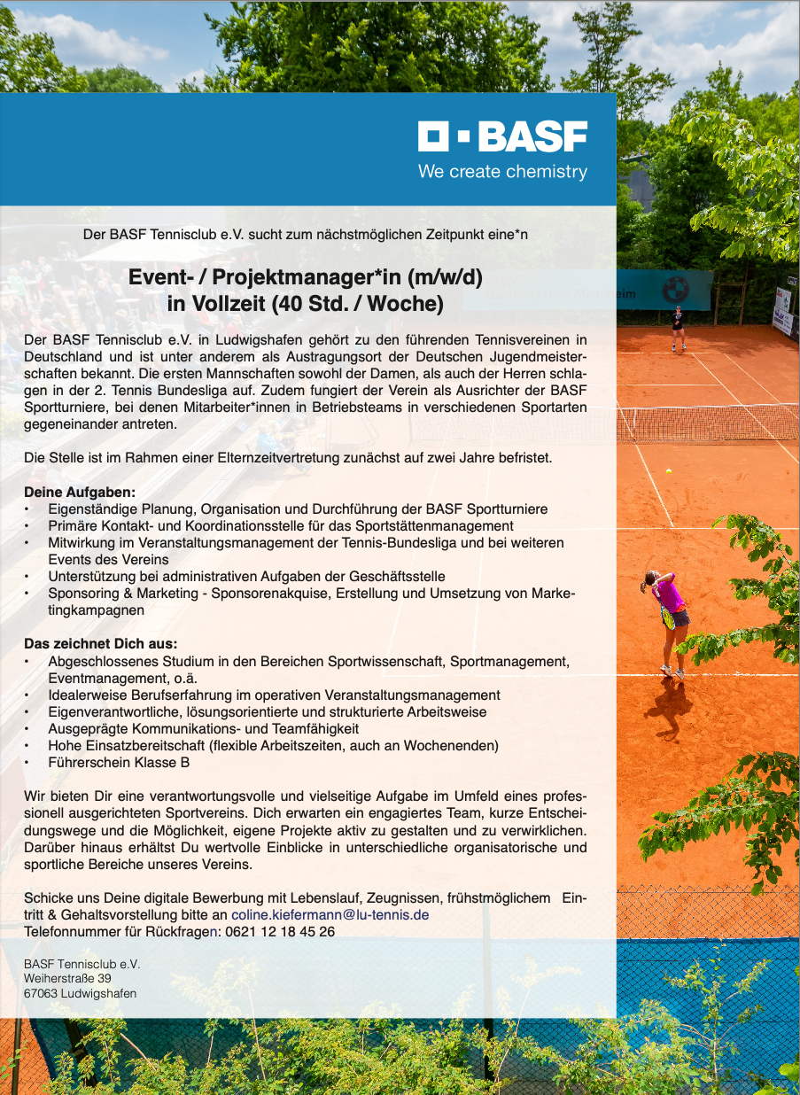 Stellenanzeige BASF Tennisclub e.V. vor Tennisplatz