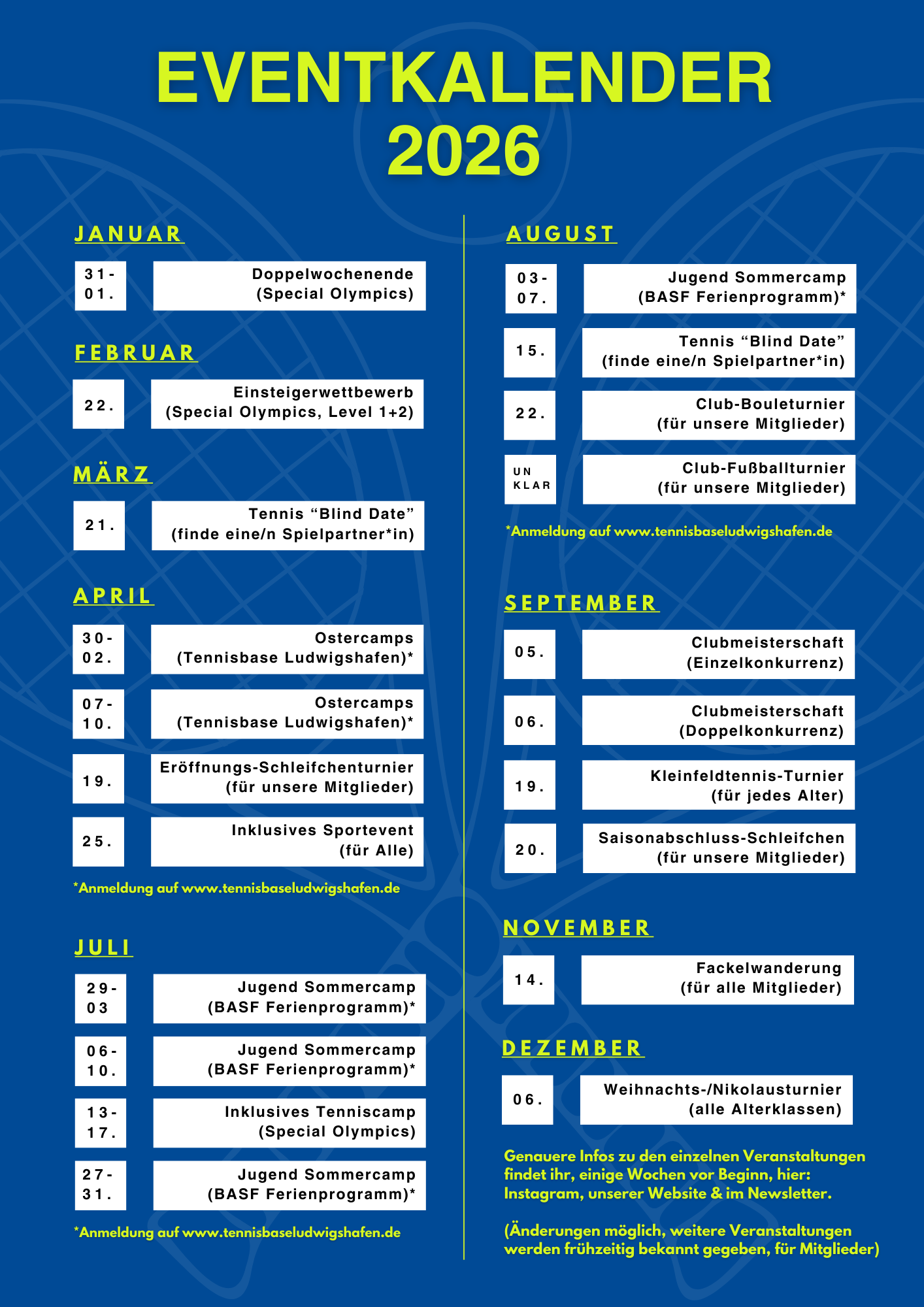 Eventkalender 2026 Tennisbase Ludwigshafen Übersicht