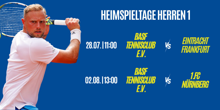 Tennisspieler mit Schläger und Spielankündigung