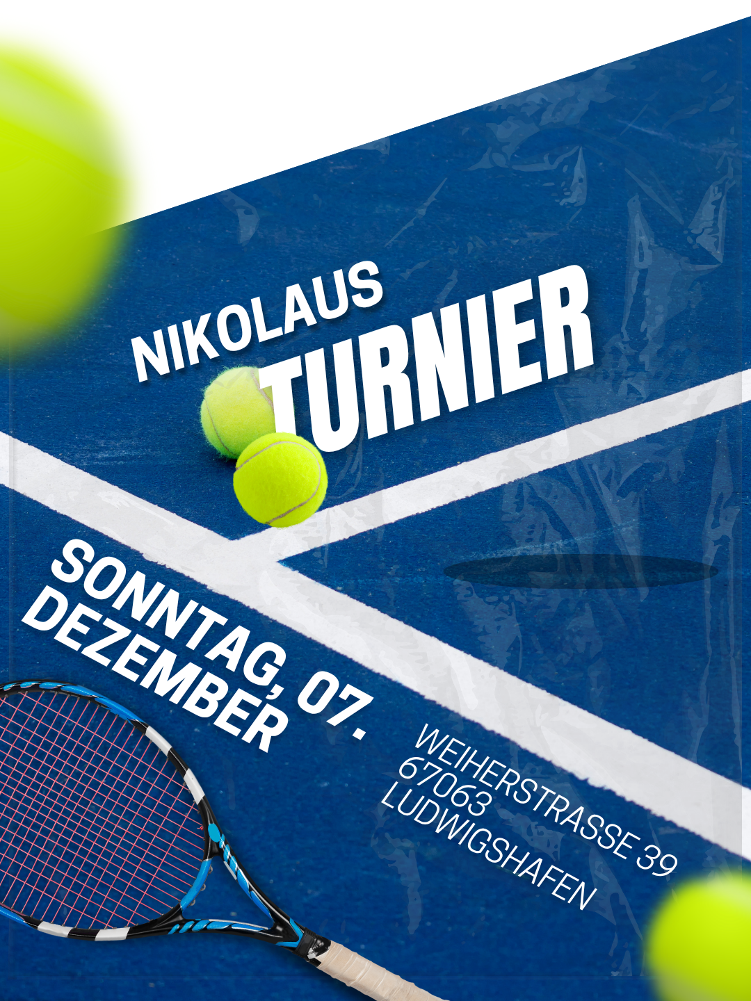 Plakat für Nikolaus-Tennisturnier auf blauem Tennisplatz